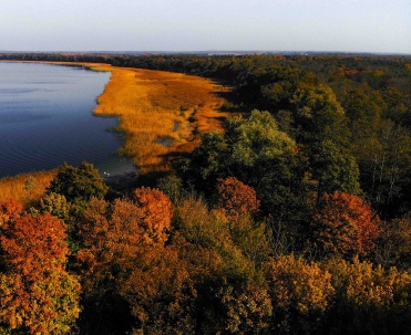 Pomost nad jeziorem w Giżycku - Drewniany pomost prowadzący w głąb jeziora otoczonego trzcinami, idealne miejsce na wypoczynek w okolicach Giżycka.